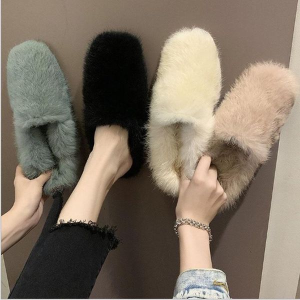

slippers women's plush shoes autumn/winter loafers for women wearing web celebrity flat white, Black