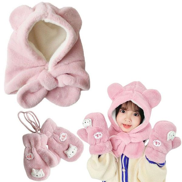 

caps & hats fashion bear baby hat with hooded scarf winter glove set for kids girls warm plush children cap collar boys 1-10y, Yellow