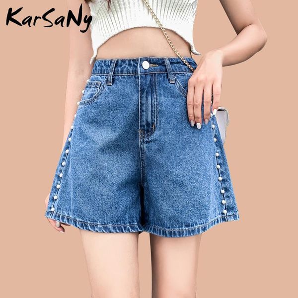 

karsany high waist shorts denim women plus size loose vintage short jeans feminino wide leg beaded jean summer 2021 women's, White;black