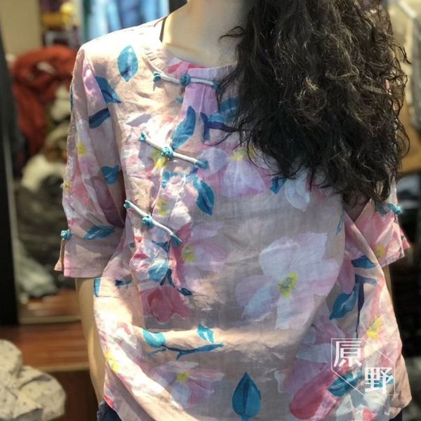 

women's cape arrival summer arts style women half sleeve loose print shirts vintage button o-neck cotton linen blouse femme m, Black