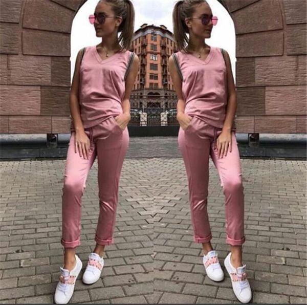 

women's two piece pants mvg sleeveless nail bead v-neck summer sport sets, White