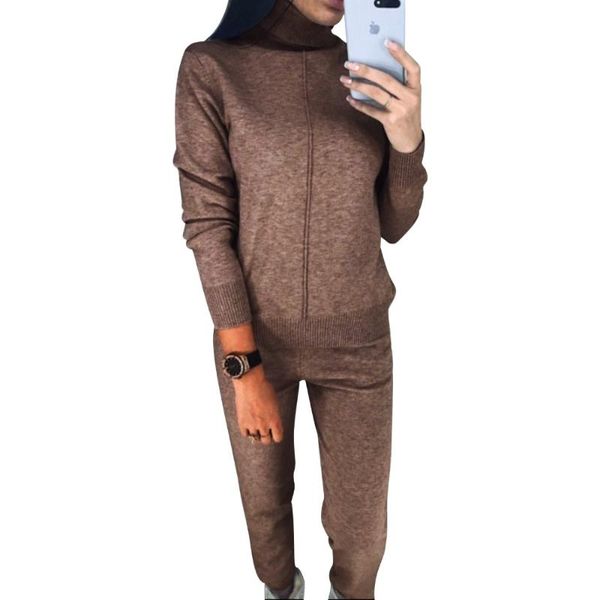 

women's two piece pants amolapha women winter turtleneck sweaters set knit long sleeve solid pullover trousers 2pcs costumes suits for, White