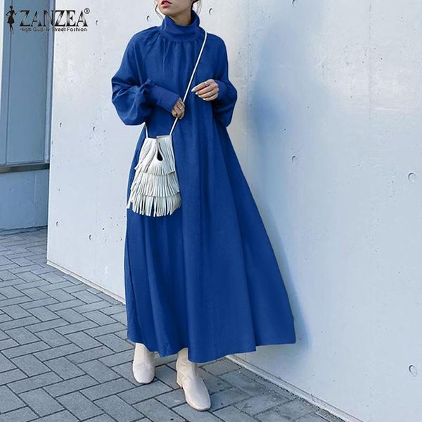 

casual dresses elegant women turtleneck sundress 2021 zanzea spring maxi dress puff sleeve vestidos female solid pleated robe plus size, Black;gray