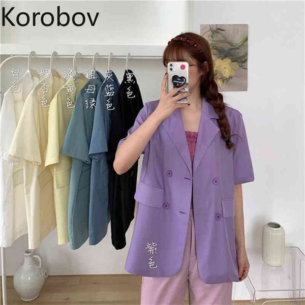 

korobov new fashion turn-down collar women jackets korean streetwear short sleeve coats solid thin outwear 210430, Black;brown