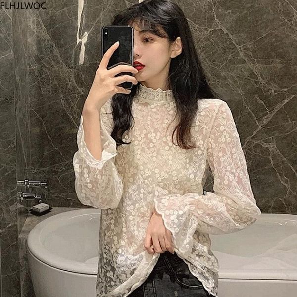 

white lace 2021 fall autumn flare sleeve cute sweet casual loose women hollow out crochet blouses vintage shirts women's &