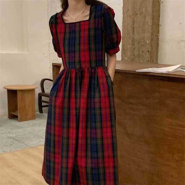 

chic red vintage high waist sweet streetwear casual long dresses plaid loose geometric all match vestidos 210525, Black;gray