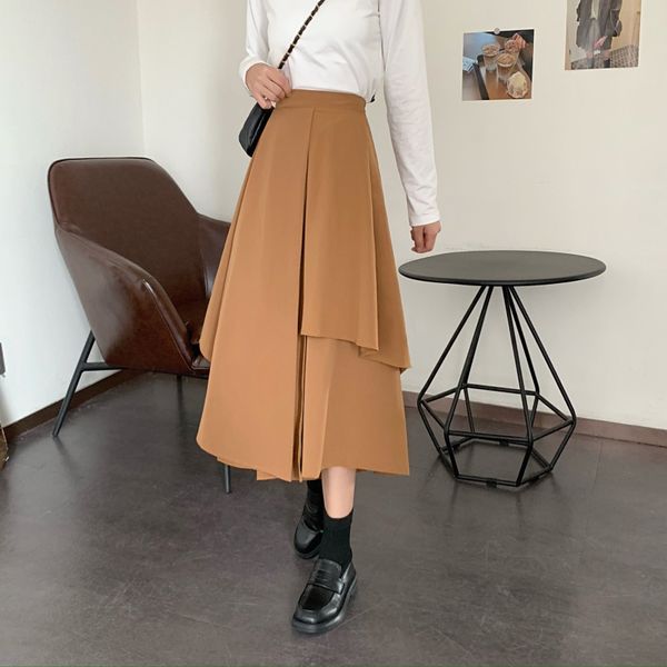 

comelelegant women solid midi skirts high waist loose irregular female a-line skirts spring summer casual skirts 210515, Black