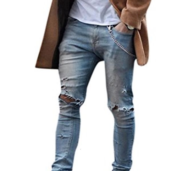 

men's jeans okilr pjik vintage skinny fit destroyed cotton denim with knee open rips 97zn, Blue