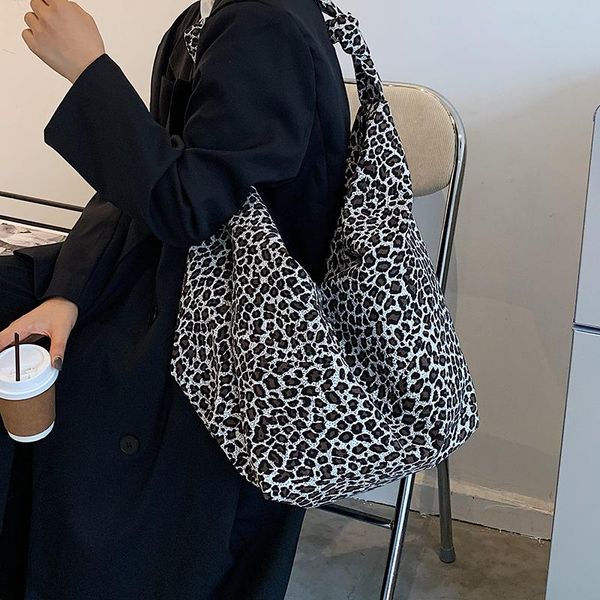 

evening bags 2021 fashion leopard print canvas ladies large capacity shoulder bag for women foldable female totes shopping handbags