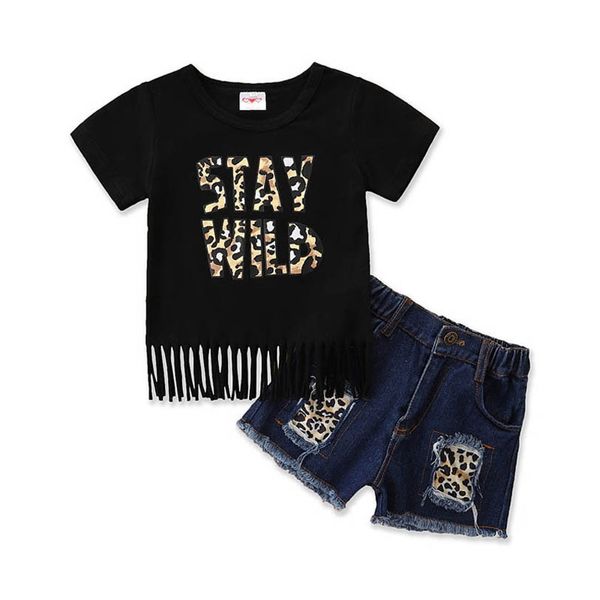 

kids clothing sets girls outfits baby clothes child suit children wear summer short sleeve casual leopard print letter tassel t-shirt denim, White