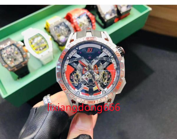 

designer excalibur watches excalibur rddbex0765 skeleton dial japan miyota automatic double tourbillon mens watch red case black rubber stra, Slivery;brown