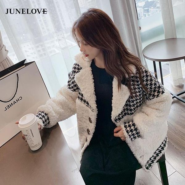 

women's fur & faux junelove 2021 women jacket thick lambwool shirling furry short coat autumn winter all-match tweed style fashion, Black