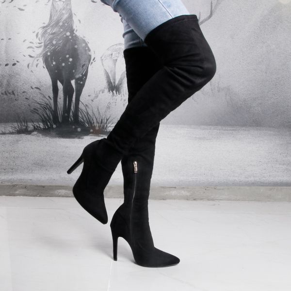 

boots women black thigh shoes female high heel pointed toe side zip stretching suede over the knee ladies 83c3