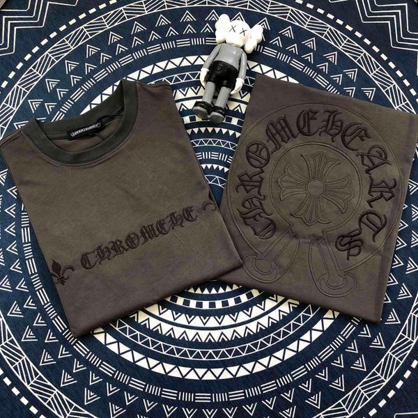 

croosin ch horseshoe sanskrit half crosin cross old embroidery short sleeve round neck solid men's and women's loose t, White;black