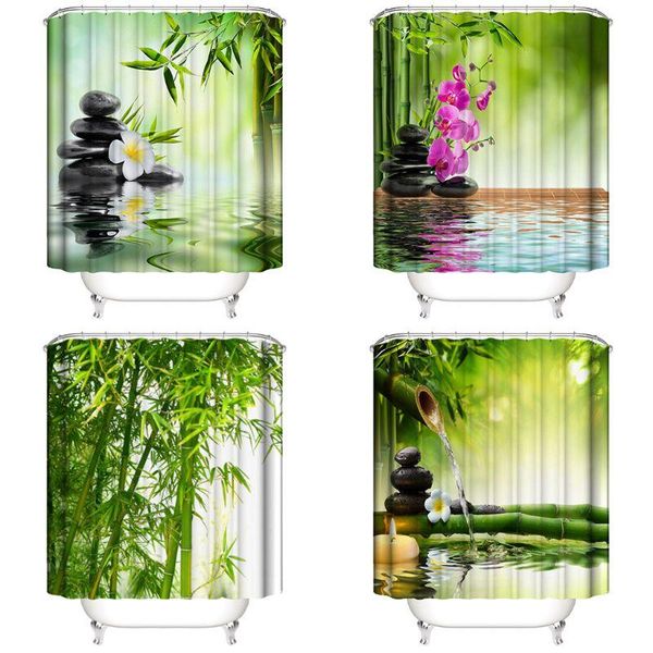 

shower curtains curtain green bamboo zen with 12 hooks fabric polyester waterproof for bathroom,72" x 72" k0ab