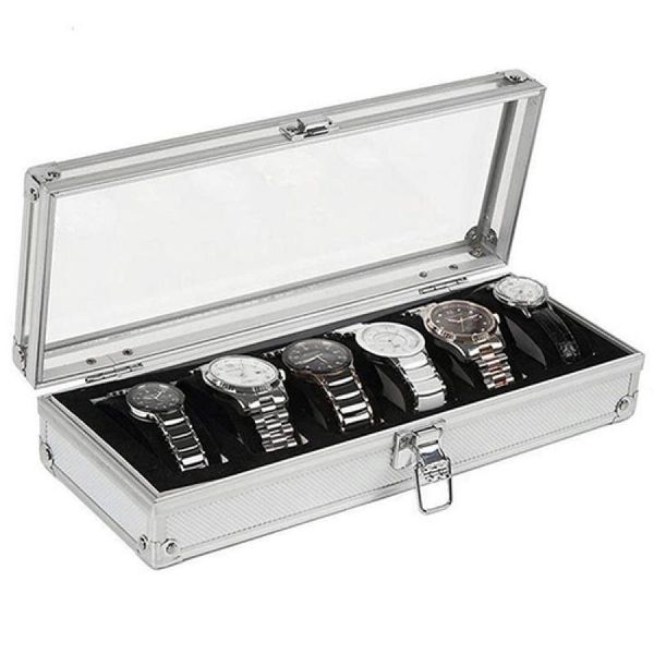 

jewelry pouches, bags 6/12 grid slots wrist watches holder display storage box aluminium case, Pink;blue
