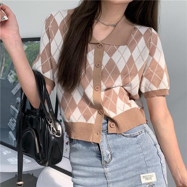 

women's knits & tees versatile plaid neck short sleeve knit t-shirt vintage thin cropped sweater cardigan crop, White