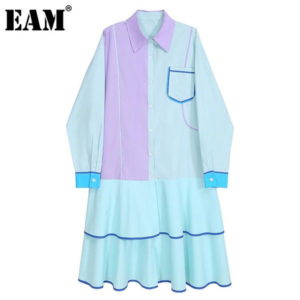 

[eam] women blue ruffles big size contrast color dress lapel long sleeve loose fit fashion tide spring autumn 2021 1dd4813 casual dresses, Black;gray