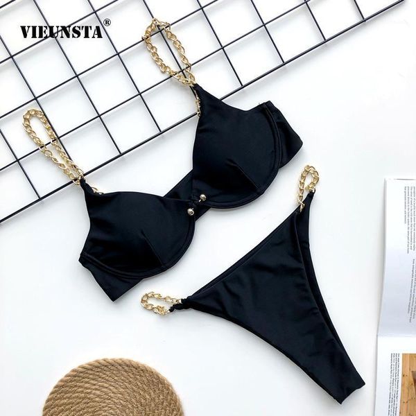 

women's swimwear brazil women thong leopard plain buckle chain split swimsuit sandy beach swimming pool push ups smooth bikini 2021, White;black