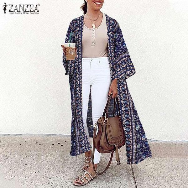 

women's blouses & shirts bohemian open front holiday cover up blouse summer printed cardigan zanzea women floral party beach long kimon, White