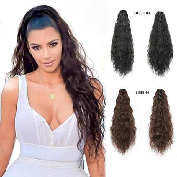 

synthetic wigs afropuff water wavy curly claw clip drawstring hairpiece ponytail heat resistant natural hair overhead tail, Black