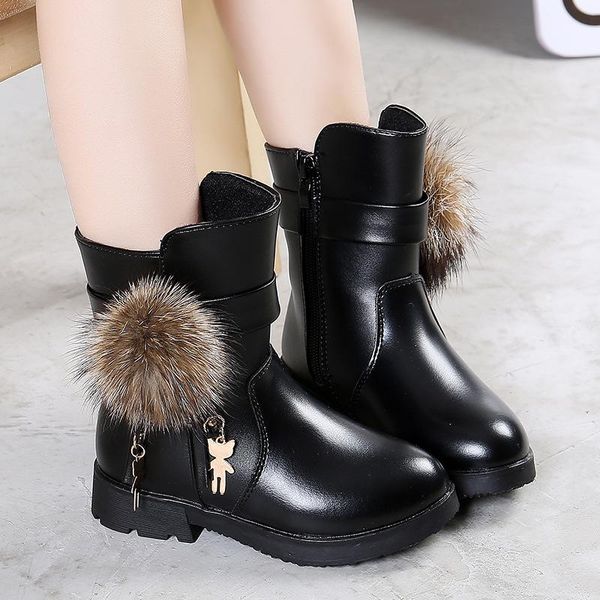 

boots girls snow children' princess boots, real fur ball leather cotton autumn and winter 2021 style plus velvet ti, Black;grey