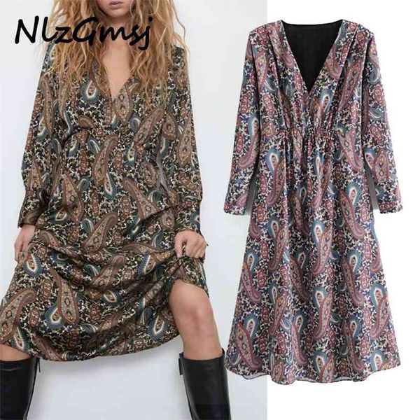 

dres fashion vintage flowers print chiffon long sleeve v neck ladies midi 210628, Black;gray