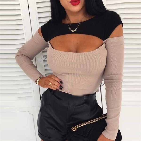 

women hollow out t-shirt knitted o neck patchwork long sleeve tee shirts ladies knit slim fit spring female blusas d30 210408, White