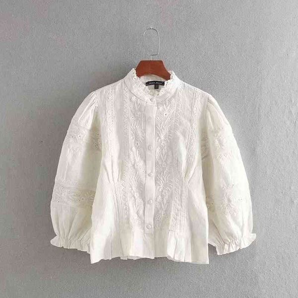 

new women elegant stand collar embroidery lace patchwork casual shirts blouses women ruffles femininas linen chemise ls4515 210410, White
