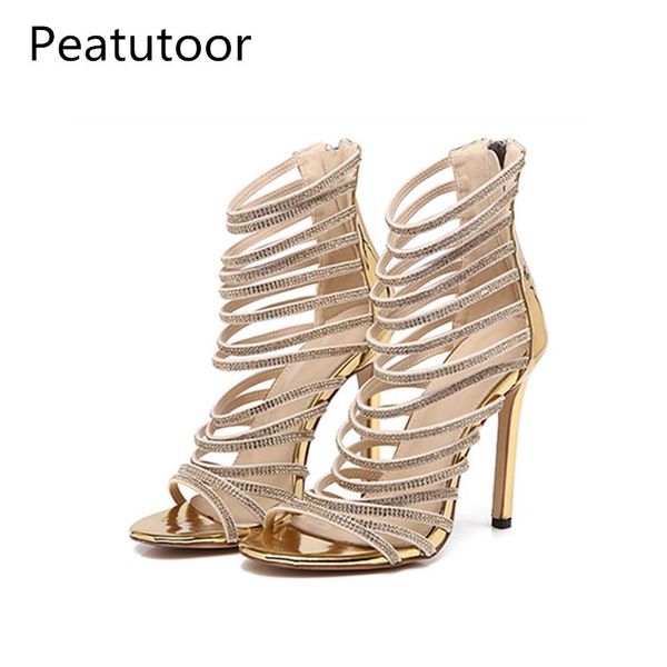 

peatutoor 2021 summer bling gold crystal sandals thin strappy gladiator sandal shoes stiletto heel wedding pumps rhinestone, Black