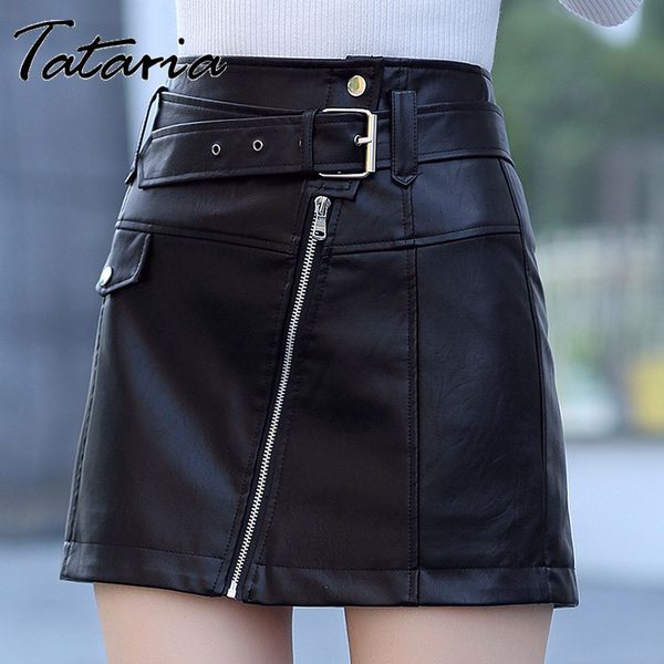 

tataria pu leather skirts for women high waisted zip faux autumn winter a-line mini with pocket 210514, Black