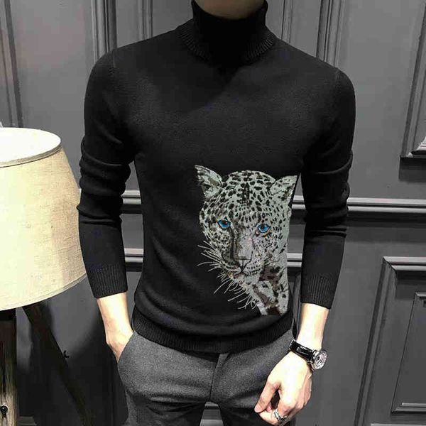 

men's sweaters european personality leopard 3d diamond young cashmere winter bottoming pullover knitted turtleneck sweate kwz5, White;black