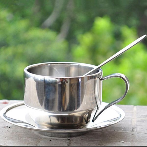 

mugs stainless steel coffee cups set double-deck thermal insulation mug tea milk with saucer mat spoon
