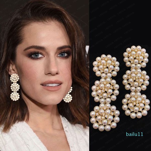 

luxury- brand 56mm trendy luxury simulated pearl earrings for women wedding cubic zircon cz dubai bridal earring bohemia gothic, Golden