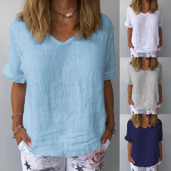 

fashion womens shirts linen cotton and blouse shirt solid loose v neck casual summer ladies female women short sleeve, White