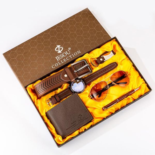 

wristwatches 6pcs/set boutique gift set glasses+belt+wallet+key chain+large dial quartz watch+pen men's watch, Slivery;brown