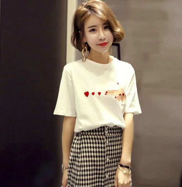 

women's t-shirt lovely heart pistol printing women round collar cotton cute tshirt girl, White