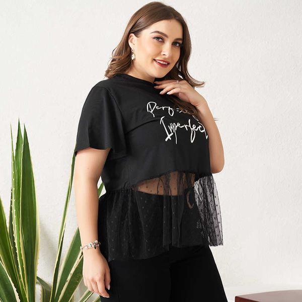 

women's t-shirt ladies fashion large size loose western letter printed mesh stitching short-sleeved black t-shirt i5fu, White