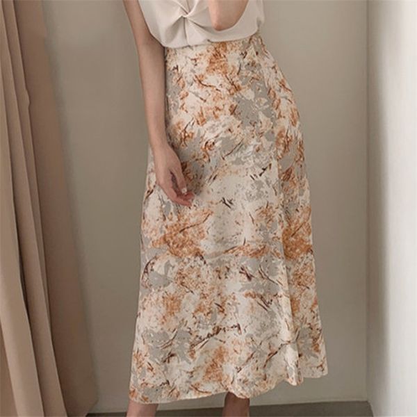 

summer women korean style vintage floral print ruffle pleated long skirts streetwear drawstring elastic waist midi skirt 210529, Black