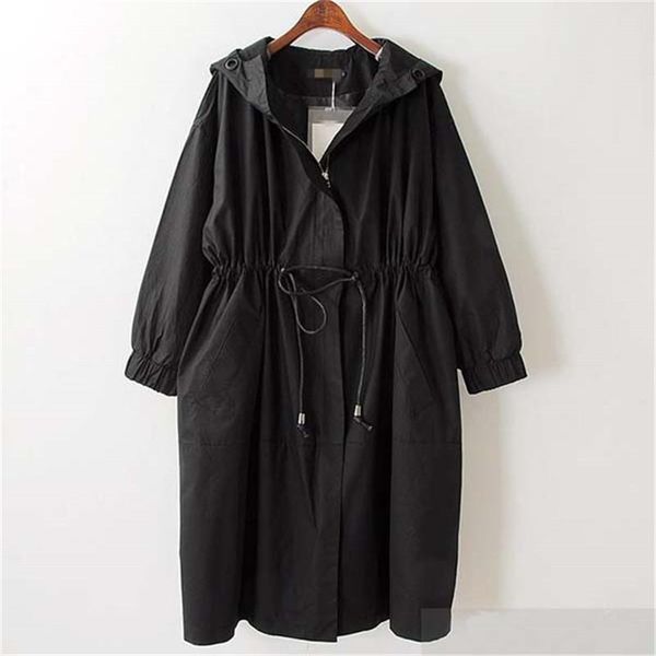 

women's trench coats 2021 large size spring autumn windbreaker mid-length hooded waist slim long coat black oversized winter g632, Tan;black