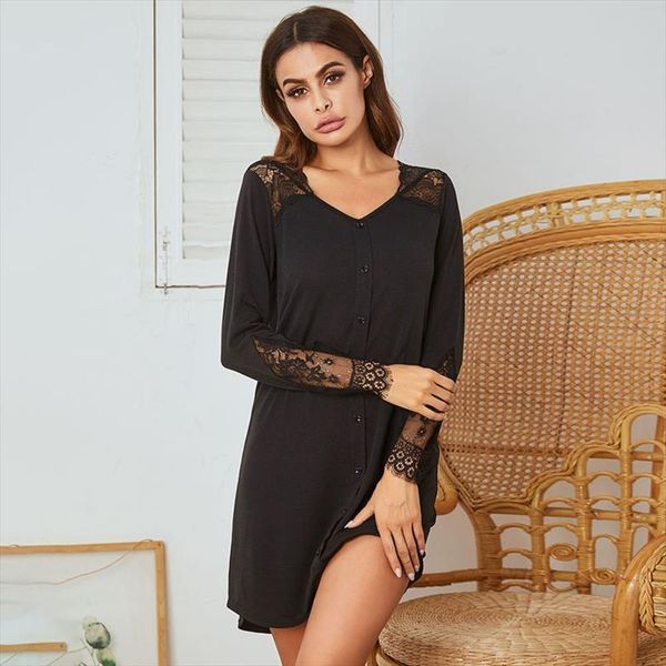 

lace patchwork nightdress homewear women sleepwear long sleeve lingerie nightgown comfortable casual sleep shirt, Black;red