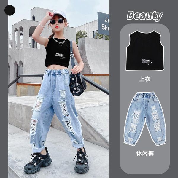 

clothing sets fashion show children girls clothes outfits slim off shoulder loose plaid harem pants suit cool kids girl black autumn, White