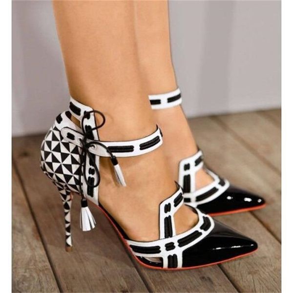 

women pointed toe lace up ankle strap high heels pumps shoes lady party bandage pu leather stilettos shoes plus size 34-43 210715, Black