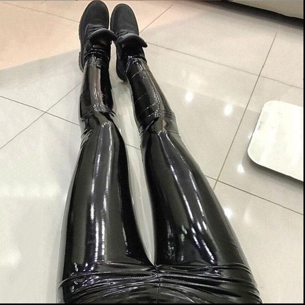 

women pu leather leggings slim high waist mujer push up fashion casual pants, Black
