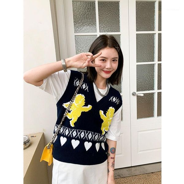 

women's vests women sweater vest cupid's arrow v-neck knitted autumn and winter fashion versatile hit color sleeveless, Black;white