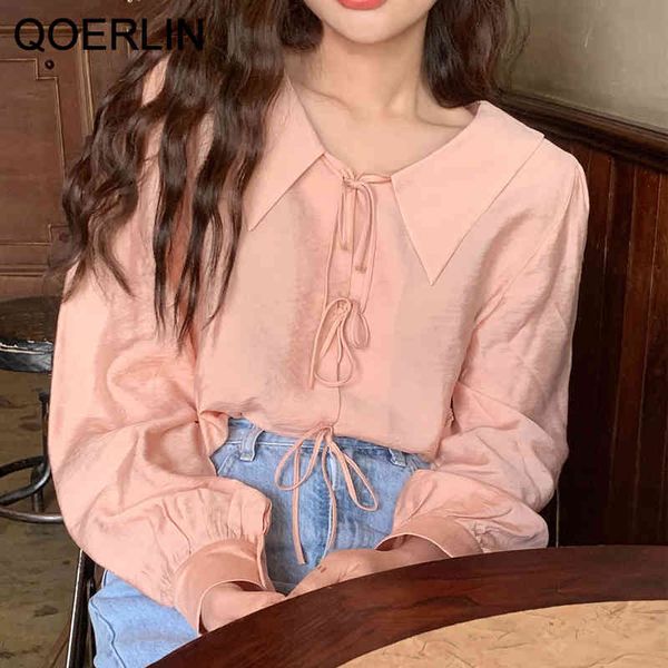 

blouses gentle lace up shirt girls japanese korean style sweet long sleeve solid white pink blouse elegant loose