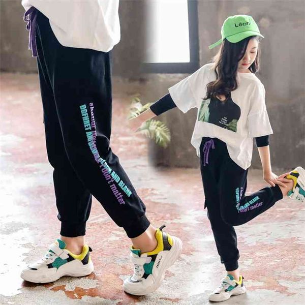 

spring sport pants cotton teenage school girls trousers with belt letter print loose pant for big fashion sportwear 210622, Blue