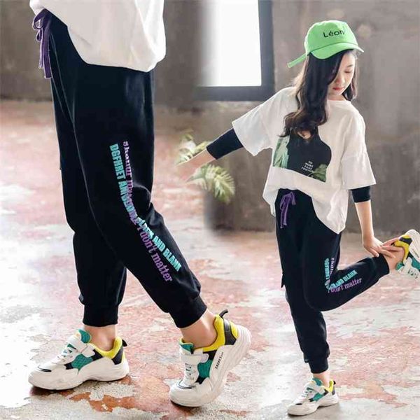 Primavera esporte calças de algodão adolescente escola meninas calças com correia letra impressão solta pant para grande moda sportwear 210622