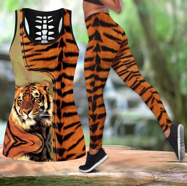 

women's leggings powerful tiger 3d all over printed hollow tank & set fitness female full length running pants ddk57, Black