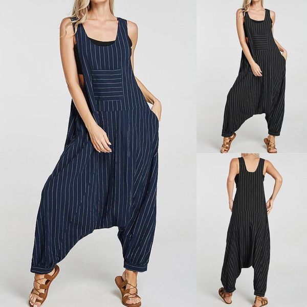 

30h jump suit casual women rompers loose stripe print playsuit drop crotch jumpsuit overall pocket oversized bodysuit dropshipping, Black;white